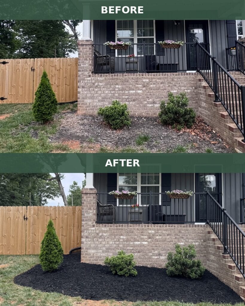 Before and after comparison of a Morrow Ridge bed refresh. The before image shows aged grey mulch, an undefined bed edge, and grass encroachment. The after image shows fresh black mulch, a clean defined edge, and the same plants in place.